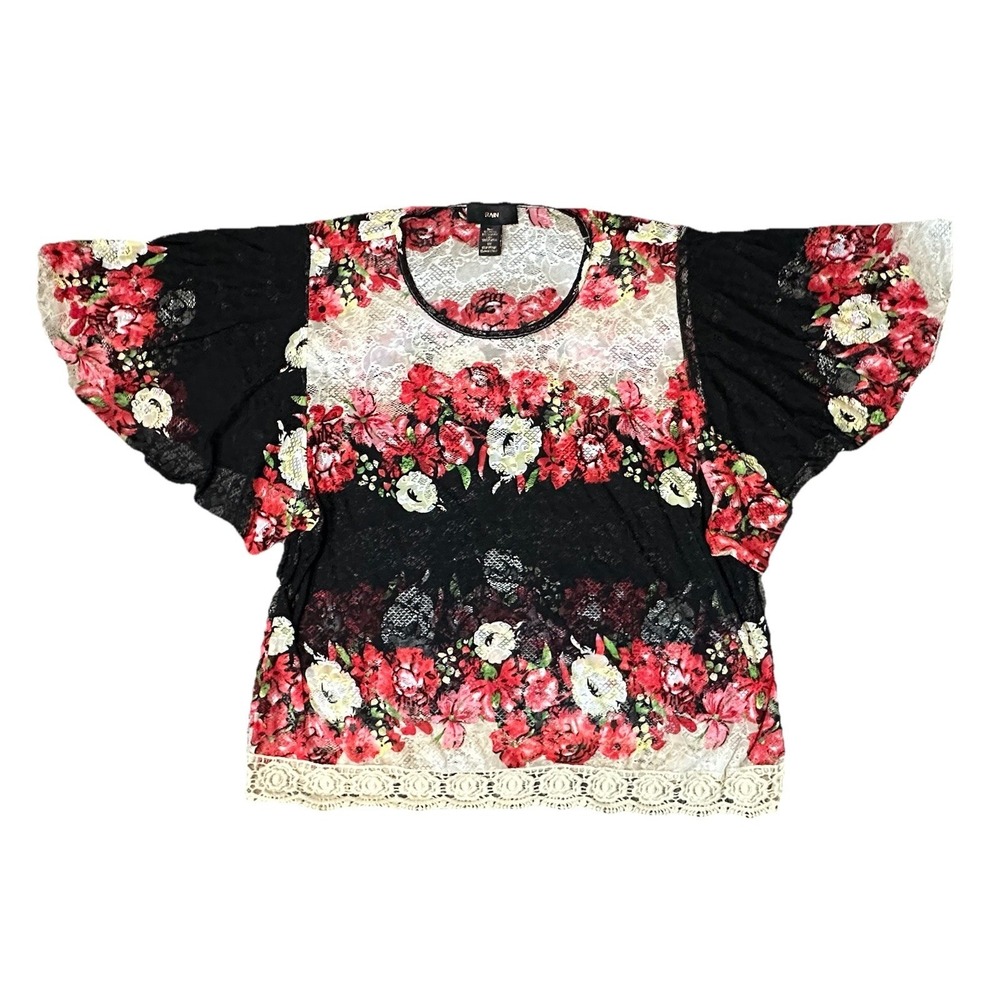 RAIN Women's 2X Sheer Lace Crochet Floral Romantic Flutter Sleeve Boho‎ Blouse